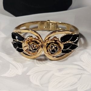 Vintage Rose cuff bracelet goldtone and black enamel 1980s